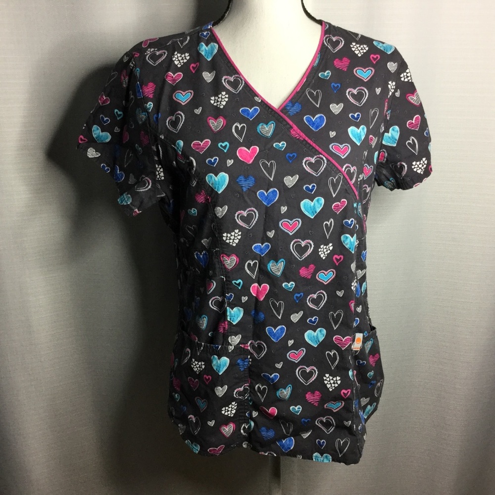 CODE HAPPY Scrub Top Black w/Multicolored hearts M